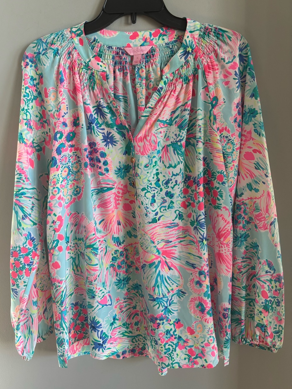 Lilly Pulitzer Elsa top 100% silk Mint Floral Smocked-Neck Peasant Blouse SMALL